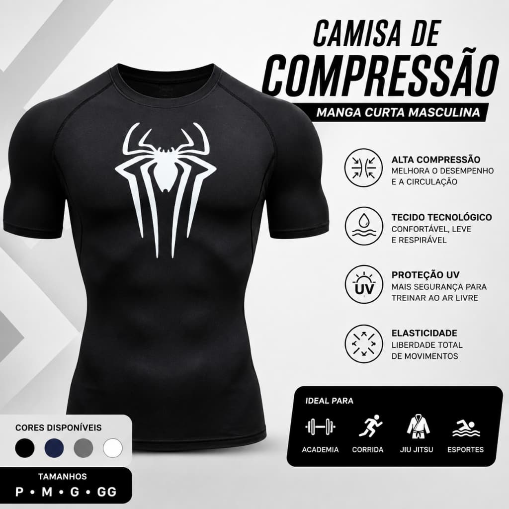 Camisa de Compressão Masculina Manga Curta Academia Treino Jiu Jitsu Corrida UV50+Ar