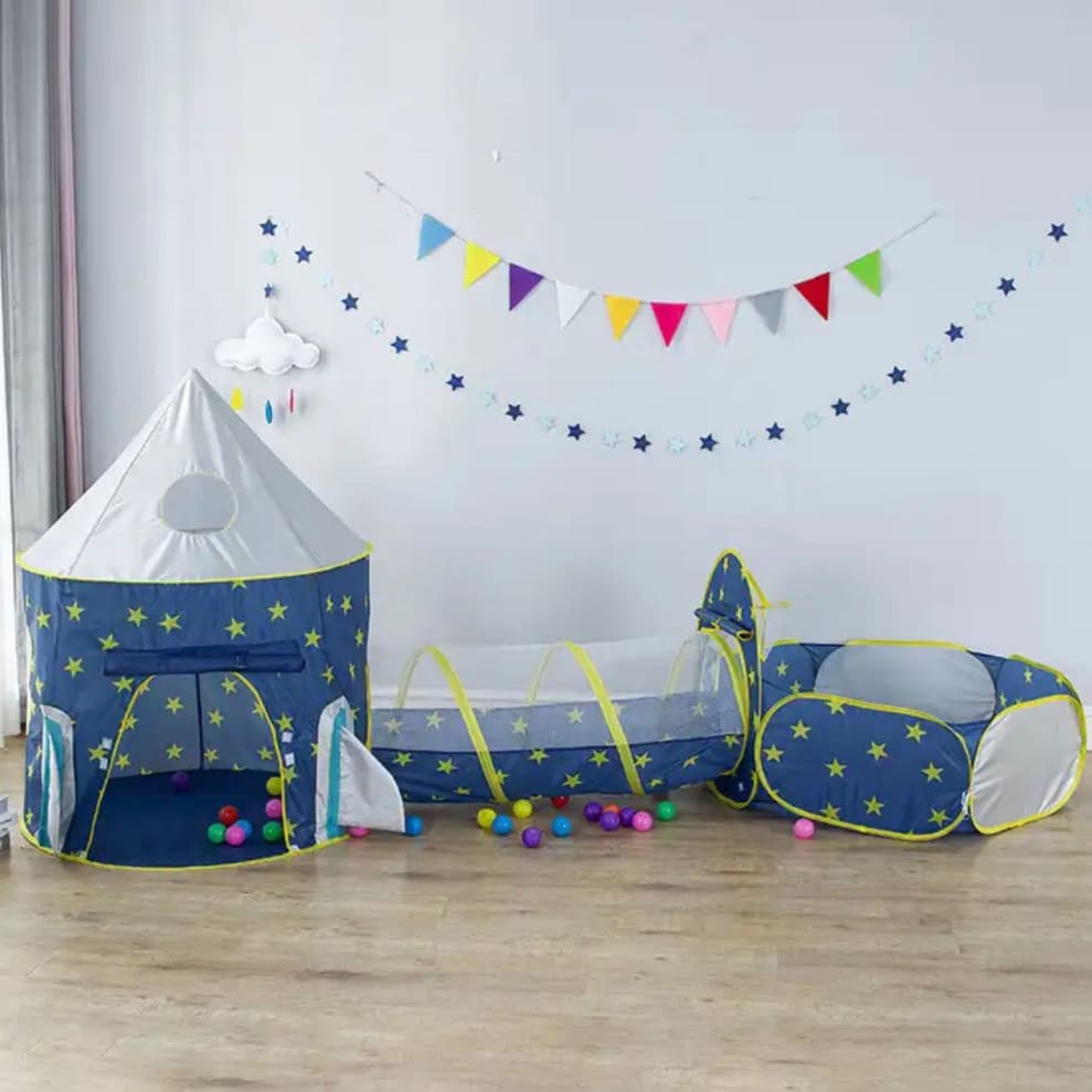 Tenda Infantil Túnel Para Crianças Piscina De Bolinhas 3 Em 1 - Astronauta Foguete Espacial Portátil