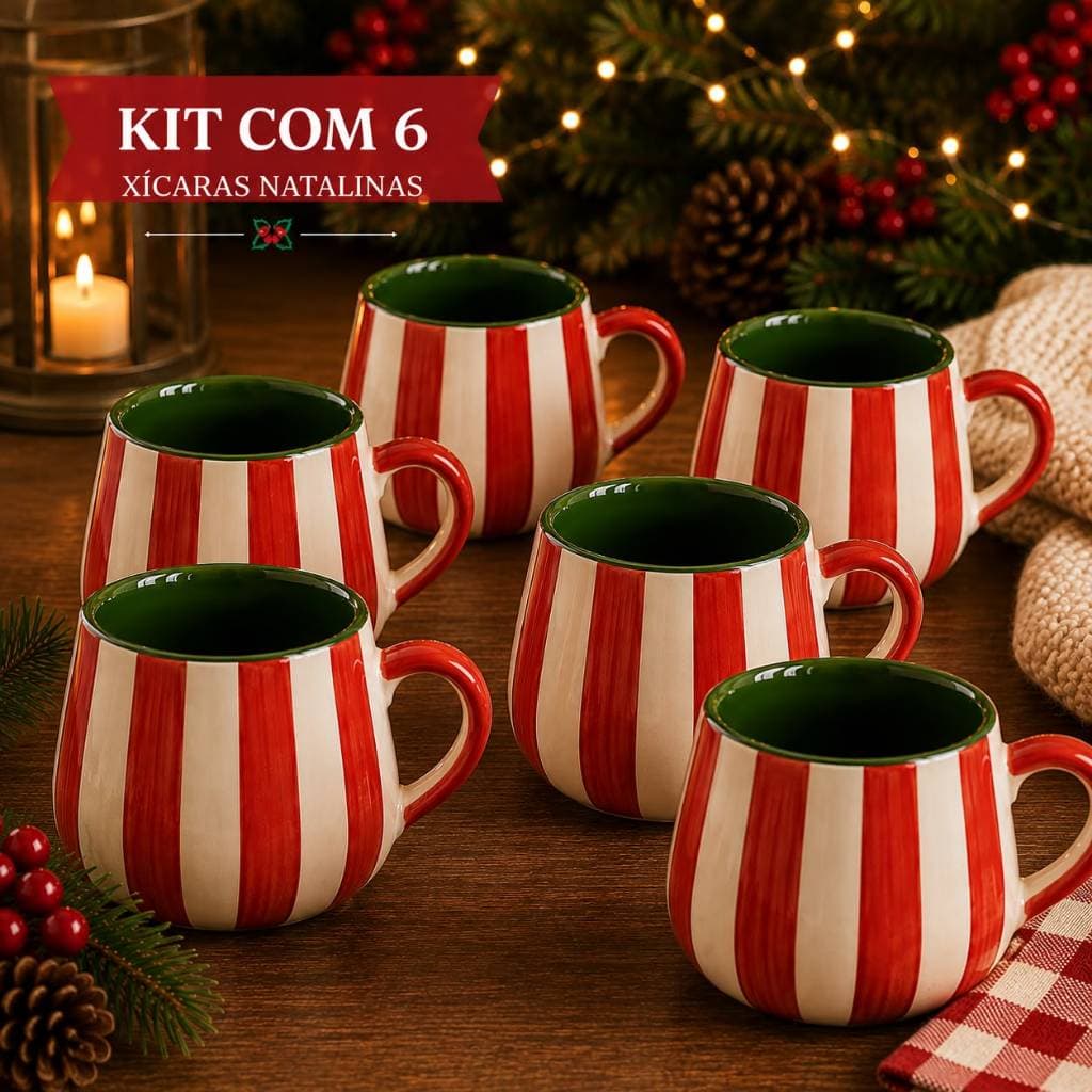 Xícara Natalina Listrada Vermelha e Branca com Interior Verde – Caneca de Natal Cerâmica para Café e Presente