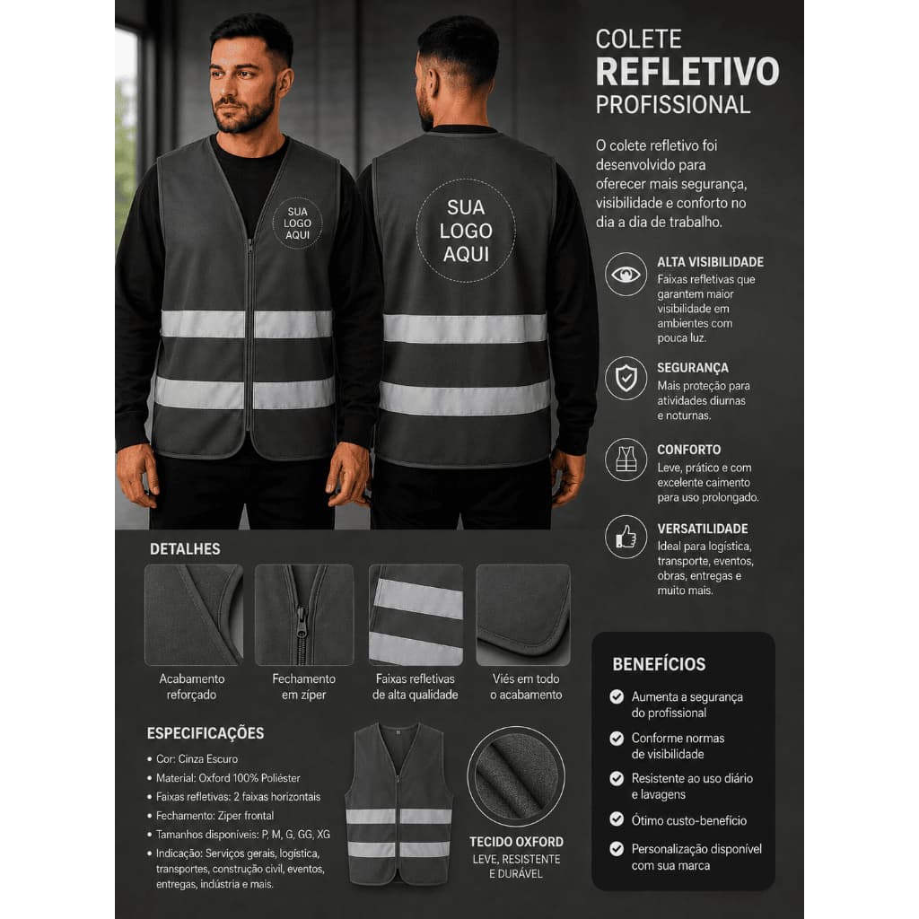 Colete Refletivo CINZA Personalizado P/ Entregador Diarista Motoboy Alta Visibilidade