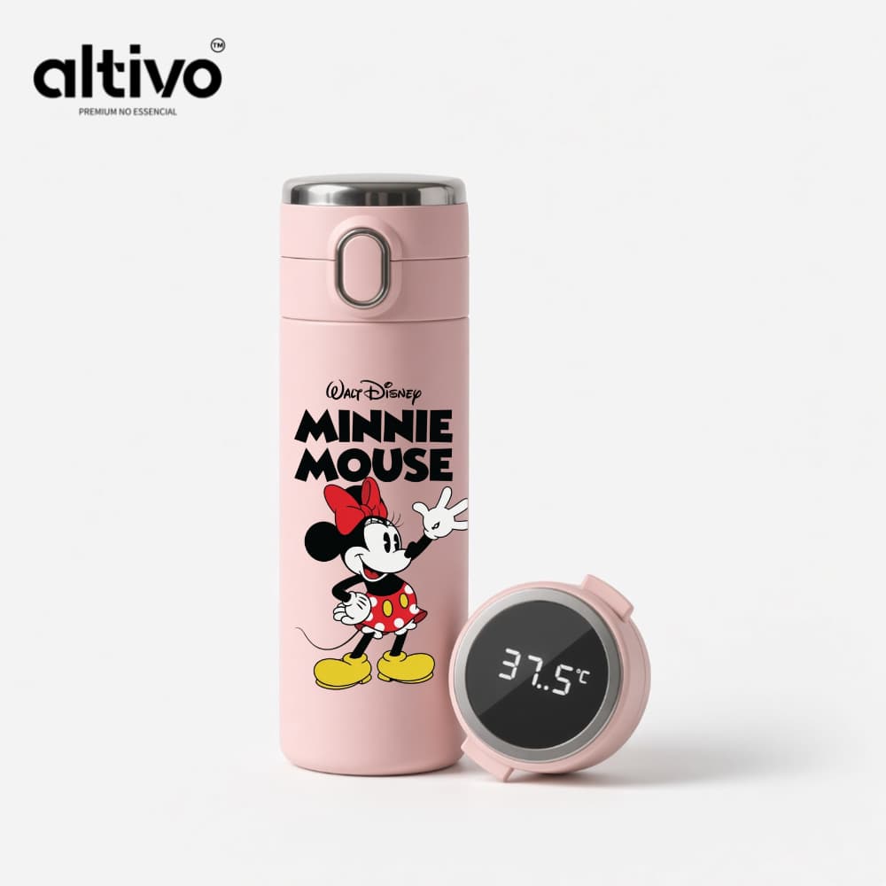 Garrafa Térmica Infantil Minnie Mouse Disney 420ml com Termômetro Digital em Aço Inoxidável