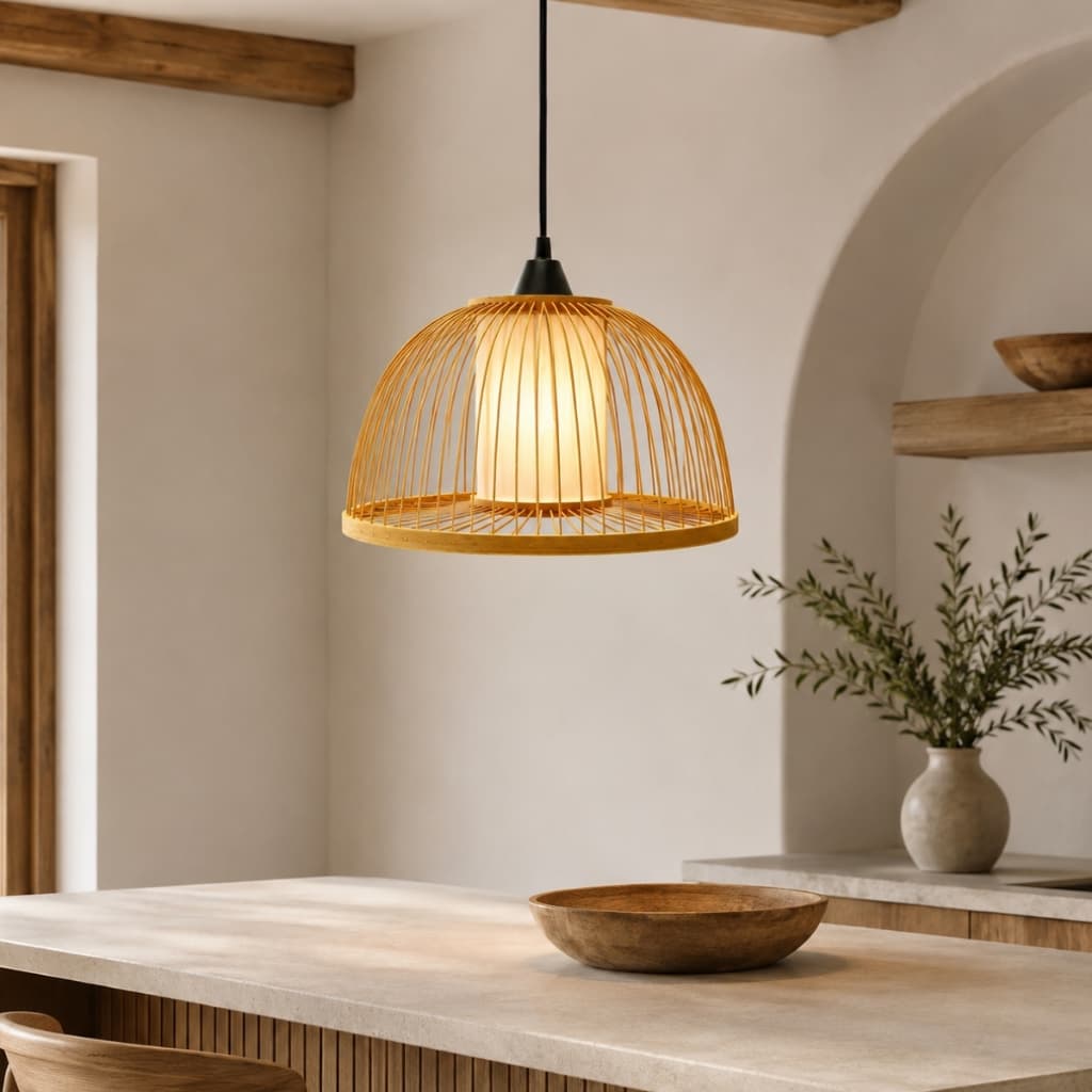Luminária Pendente Bambu Lustre com Difusor e Fiação Completa Sala Jantar Cozinha