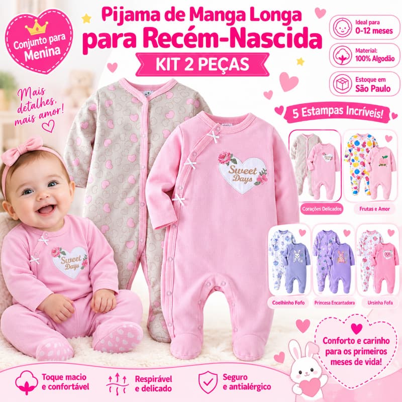 Kit 2 Macacão Pijama Bebê Coração Rosa Flor Payifang 100% Algodão Macio 0-3 3-6 6-9 Meses Com Pé Botão Lateral Conjunto
