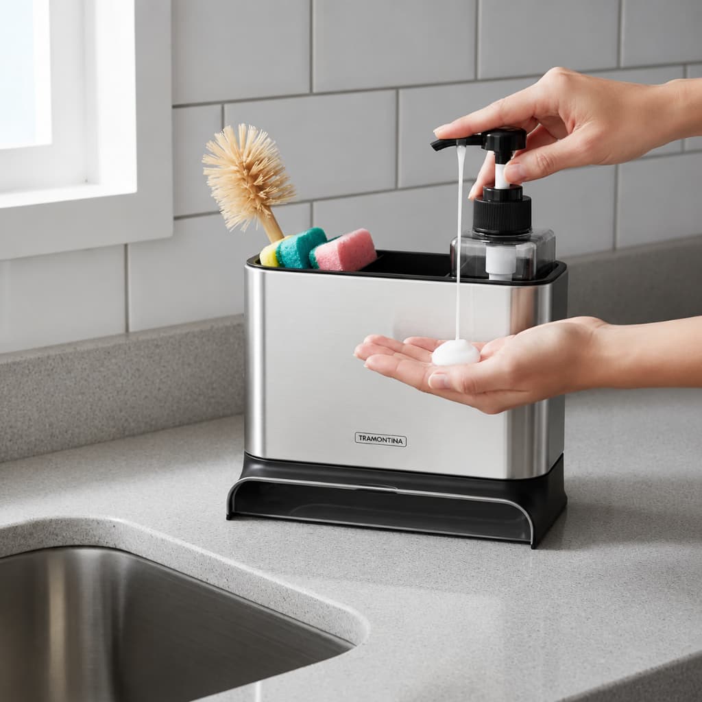 Dispenser Detergente Pia Cozinha Dispenser Sabão Liquido Esponja Bucha Inox Tramontina