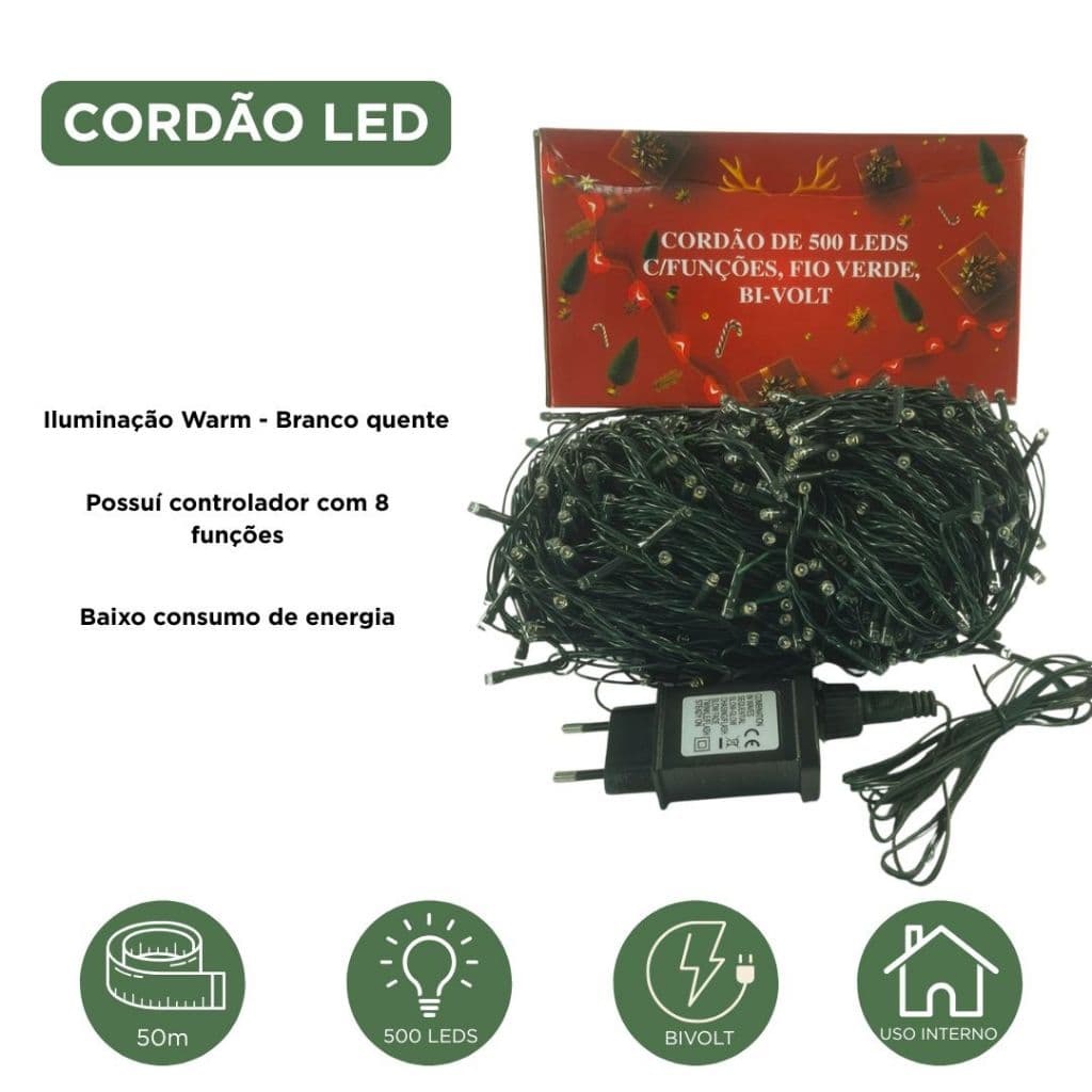 CORDÃO DE LED BIVOLT FUNCOES FIO VERDE 50MTS WARM