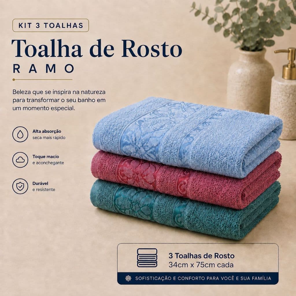 Kit 3 Toalha de Rosto Ramo Grande Macia Alta Absorção Banheiro Diário Grossa Secagem Rápida Confortável