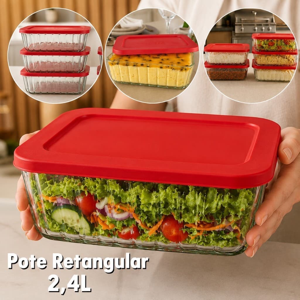 Pote de Vidro 2,4L Grande Quadrado com Tampa Hermética | Ideal Para Marmitas e Alimentos