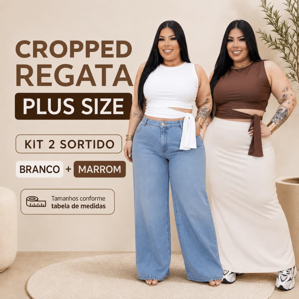 Kit 2 Cropped Regata Plus Size Feminino com Amarração Branco Marrom Preto G1 G2 G3