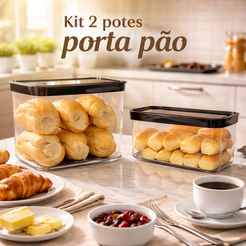 Kit Conjunto 2 Potes Herméticos Porta Pães Francês 4000ml  Bisnaguinhas 2500ml Cozinha Organizada
