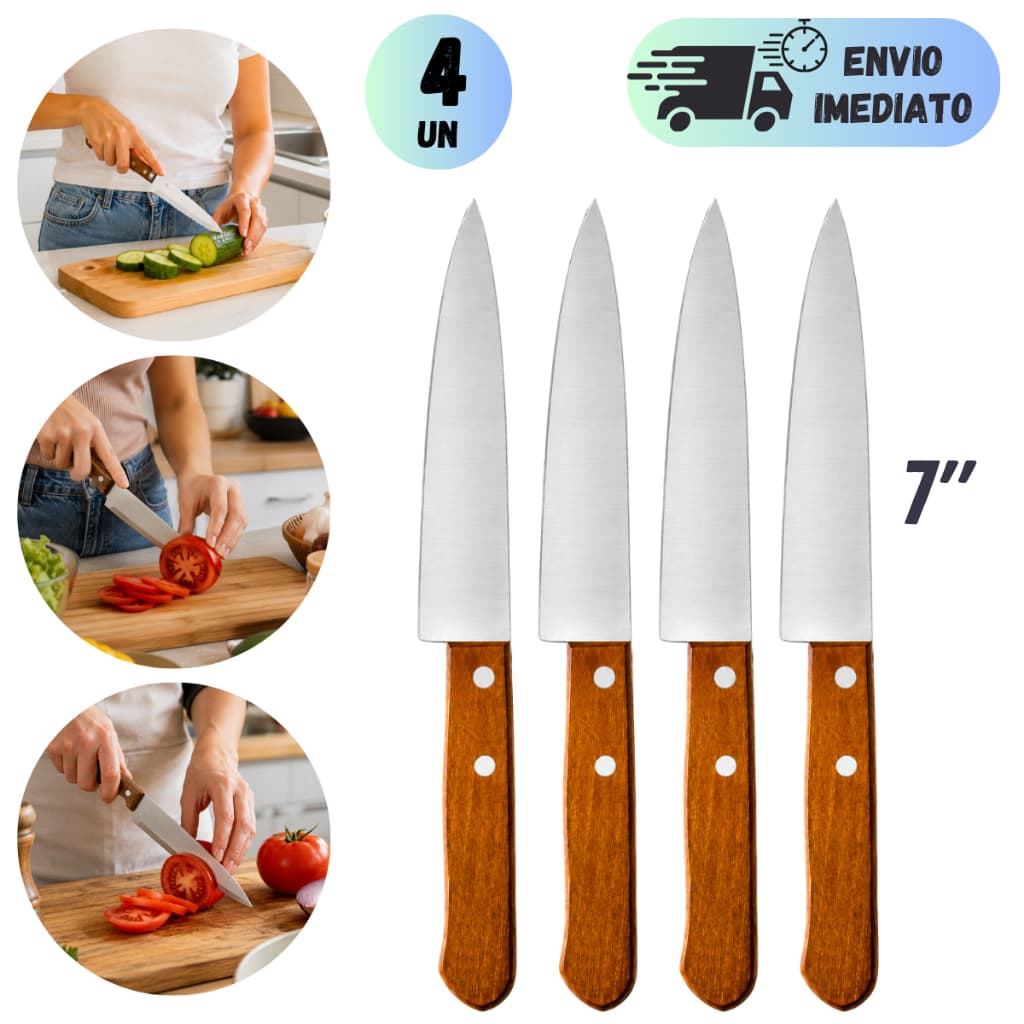 KIT FACA CHEF AÇO INOX COM CABO DE MADEIRA PARA COZINHA PROFISSIONAL RESISTENTE E DURAVEL