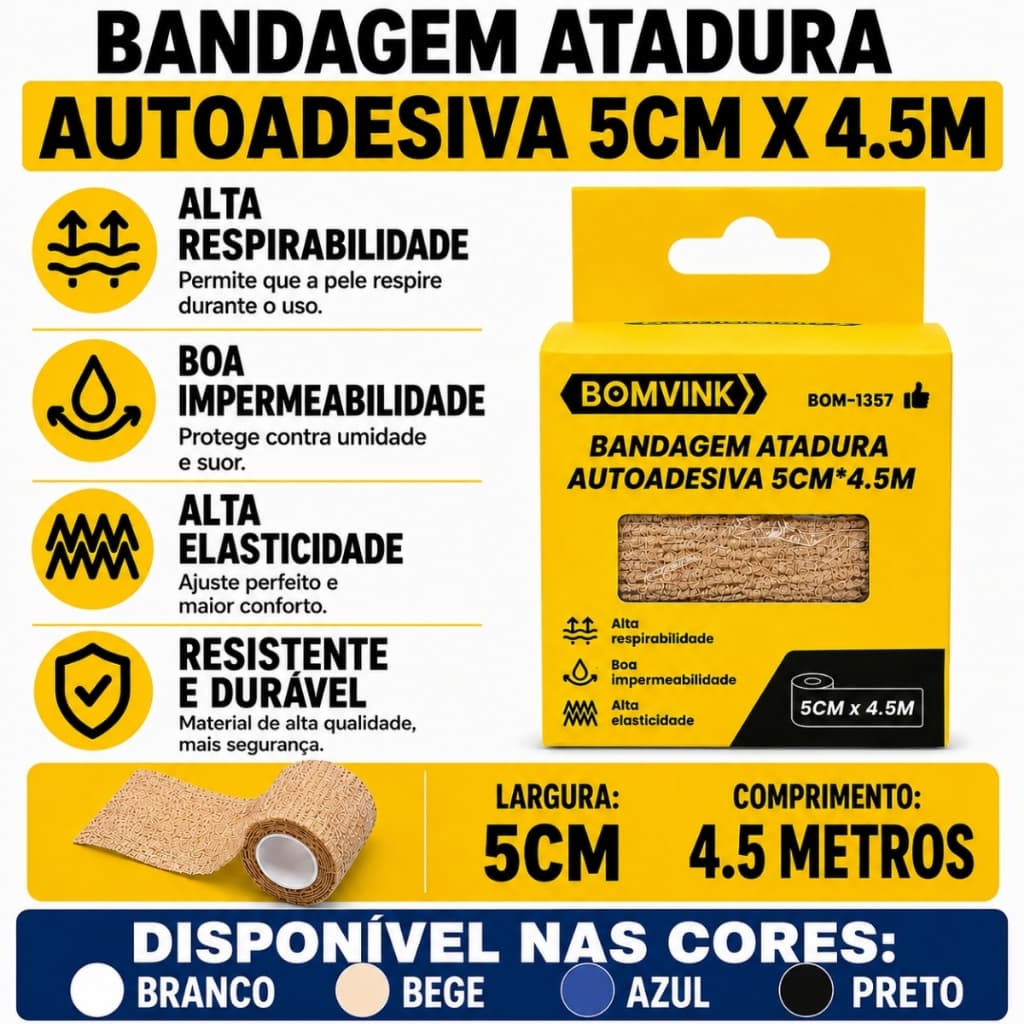 Bandagem Autoadesiva Elástica 5cm x 4,5m Respirável e Resistente