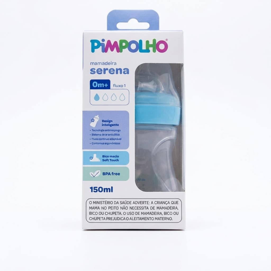 Mamadeira Serena Pimpolho Azul 150ml com Bico Soft Touch Anticólica