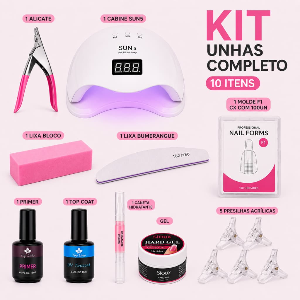 Kit Unhas Completo 10 Itens com Cabine UV/LED, Alicate, Gel, Primer, Top Coat, Molde F1 e Acessórios