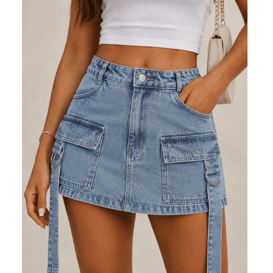 Short-Saia Cargo Jeans Feminino Bolso Lateral Cintura Alta Design Versátil Moderno Estiloso Casual