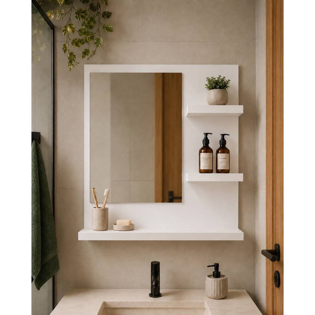 Espelheira MDF Branco Banheiro Com 3 Prateleiras 45x45cm