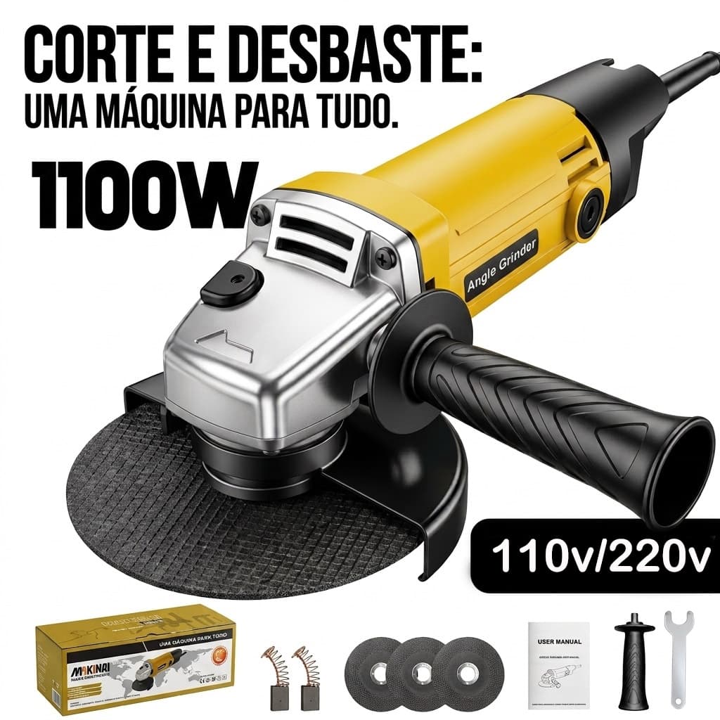 Esmerilhadeira Angular 1100W 115mm Profissional Lixadeira Elétrica para Corte Desbaste Lixamento e Polimento com Kit de