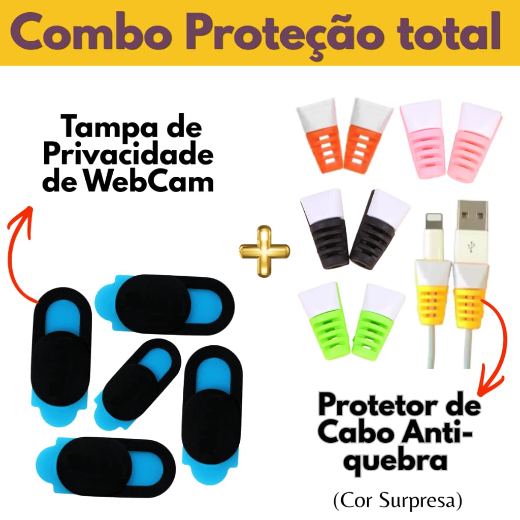 Kit Protetor de Privacidade Webcam Anti-Espião + Protetor Cabo de Celular Antiquebra Colorido