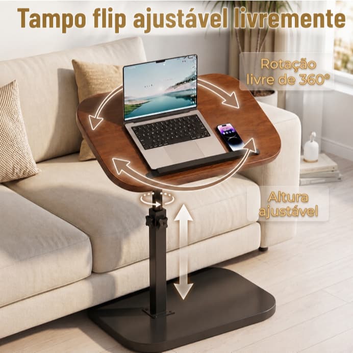 Mesa Auxiliar Lateral em C Ajustável com Rotação 360°, Altura Regulável, para Notebook, Leitura, Cama e Sofá