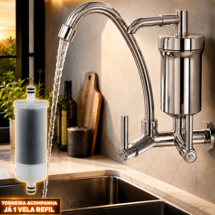 Torneira Filtro Parede Cromada Luxo 360° Bica Alta Dupla Saída Purificador Cozinha Alta Pressão