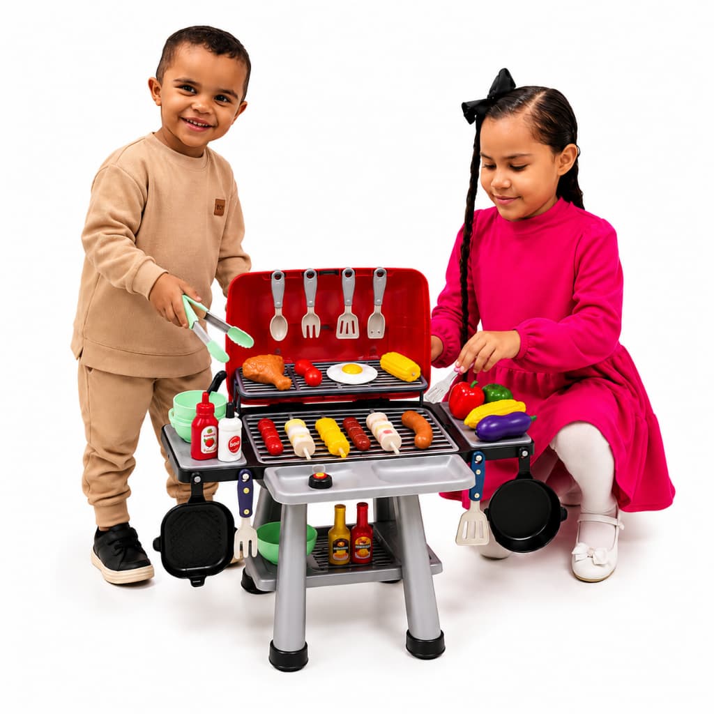 Brinquedo Mini Churrasqueira Infantil com Som e Luz Comidas de brinquedo Infantil 56 Peças