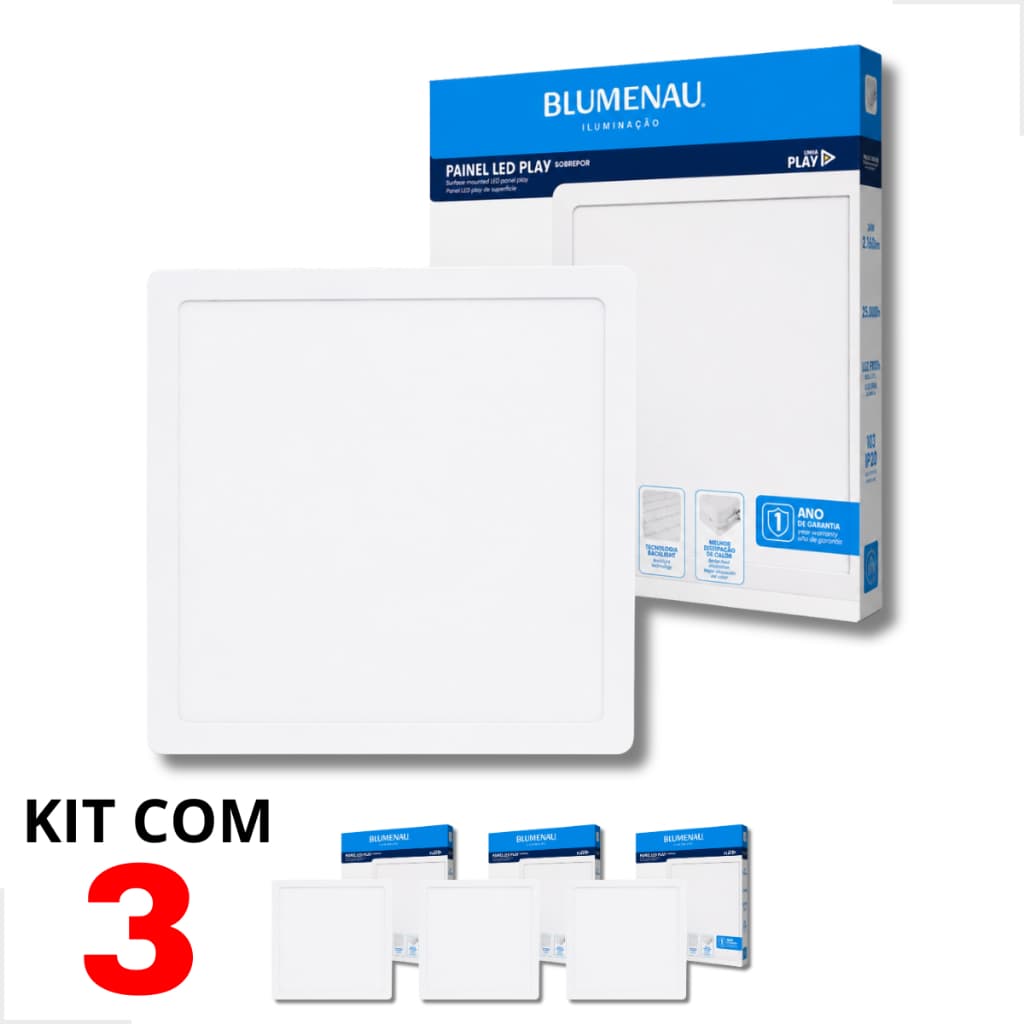Kit 3 Painel de Led 24W Quadrado Sobrepor Blumenau