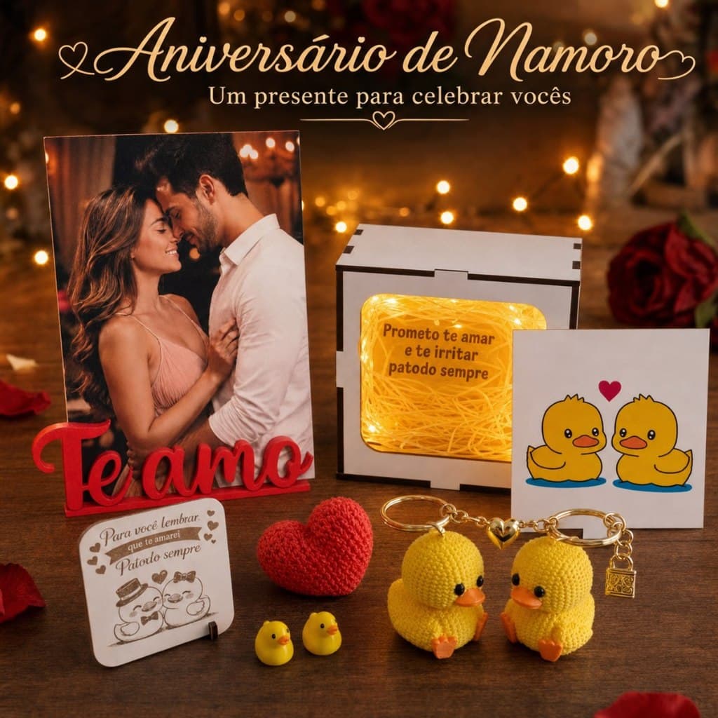 Presente de Aniversário de Namoro ou Casamento Kit Pato do Sempre com Caixa MDF LED e 2 Chaveiros