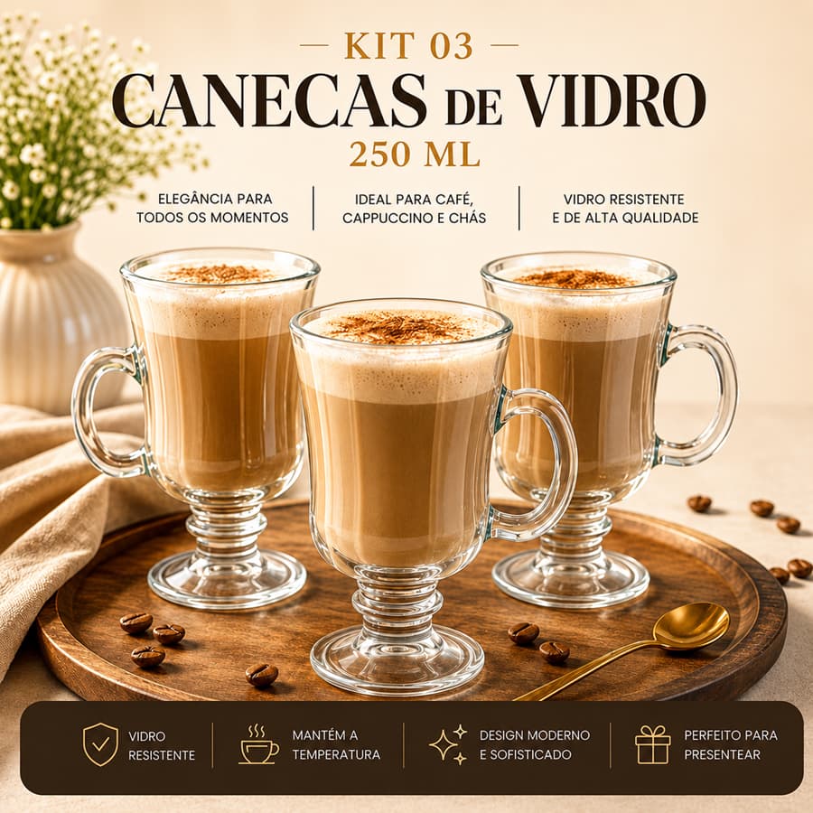 Kit 03 Caneca de Vidro Irish com alça 230 ML Luxo Elegante