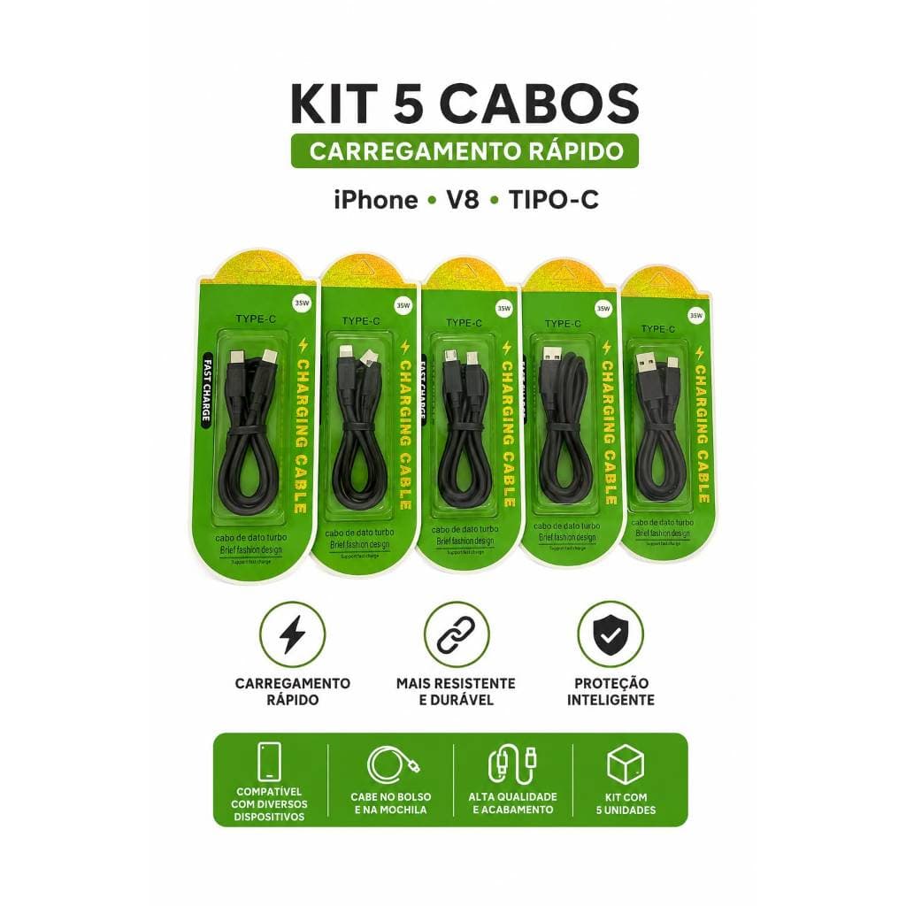 Cabo Turbo Carregador Tipo-C com Carregamento Rápido para Celular