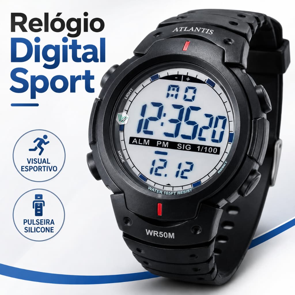 Relógio De Pulso  Masculino Atlantis  Sport LED Digital 10 ATM Preto Silicone Esportes Corridas