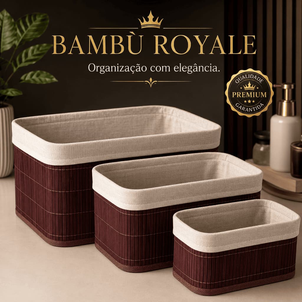 Bambù Royale Kit 3 Cestos Organizadores de Bambu Multiuso P M G para Banheiro Quarto Cozinha