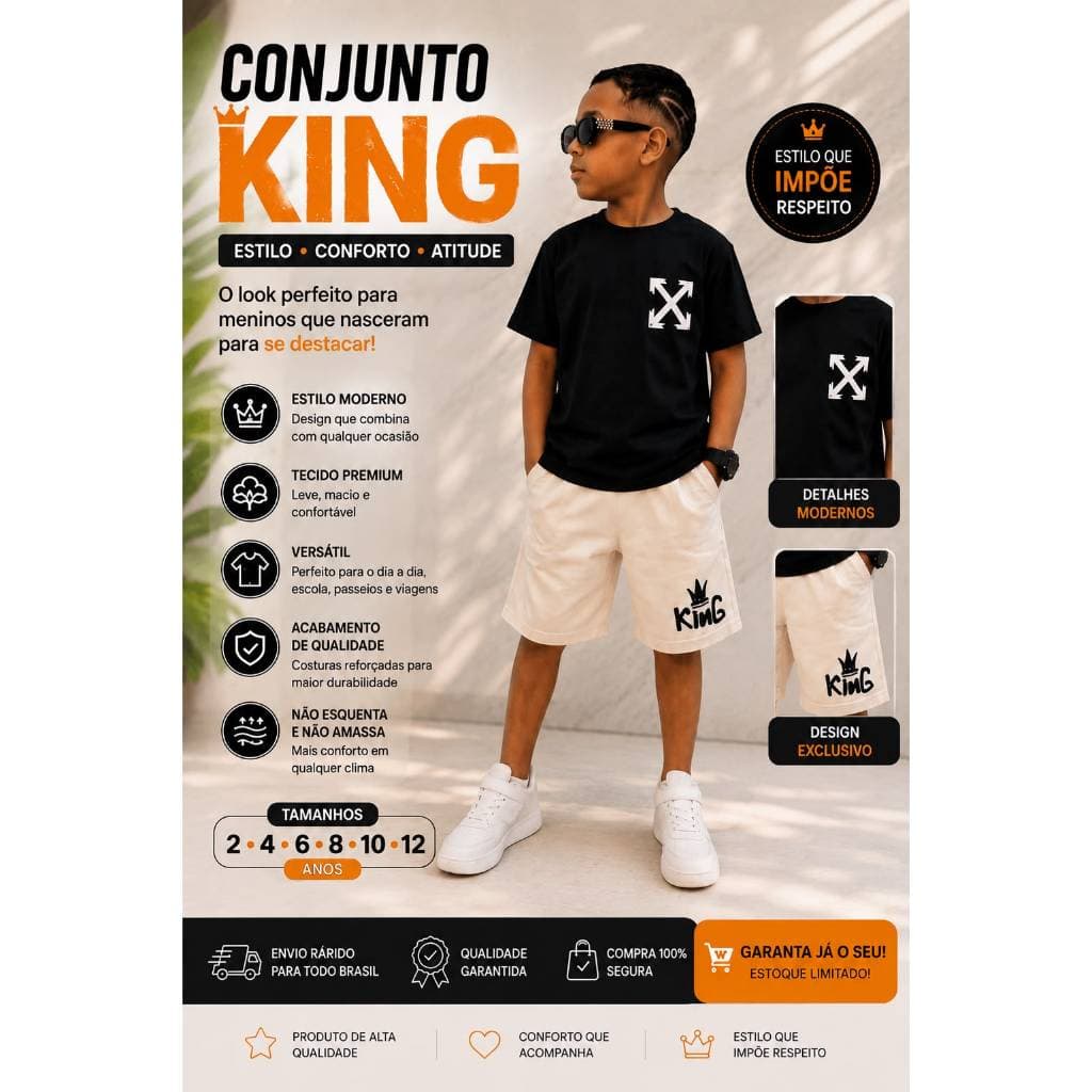 Conjunto Infantil de Menino de Verão Estiloso Conjunto Blogueirinho Masculino em Algodão 2 anos até 12 anos