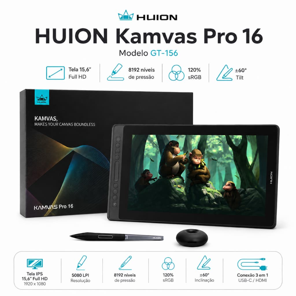 Mesa Digitalizadora Huion Kamvas Pro 16 GT-156 15,6" Full HD 8192 Níveis com Tela