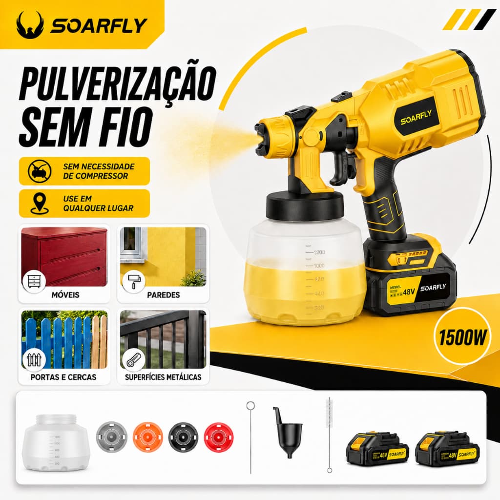 SOARFLY Pistola Pintura Pulverizadora Tinta Paint Plus Recarregável Portátil Com 2 Baterias 48v1500W