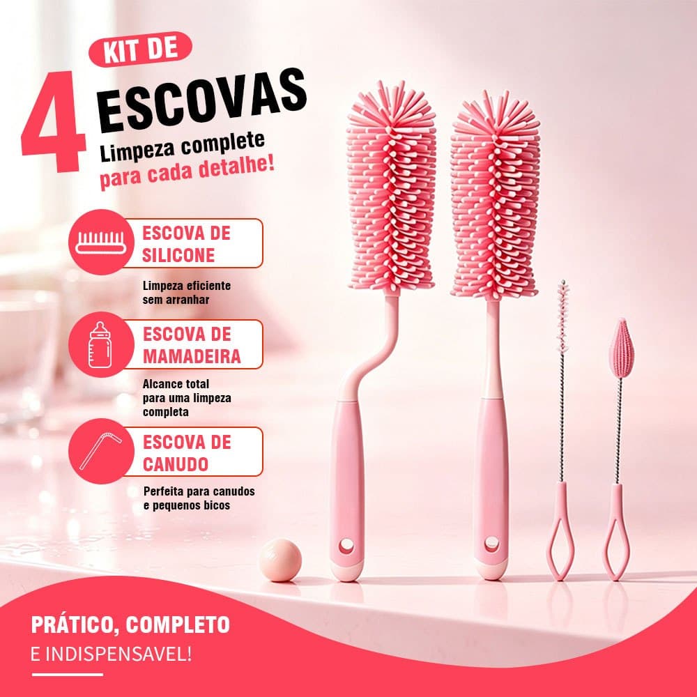 4ps Escova De Lava Mamadeira Para Bebê De Silicone Limpeza Completa Com Escova Pequena de 360 Graus