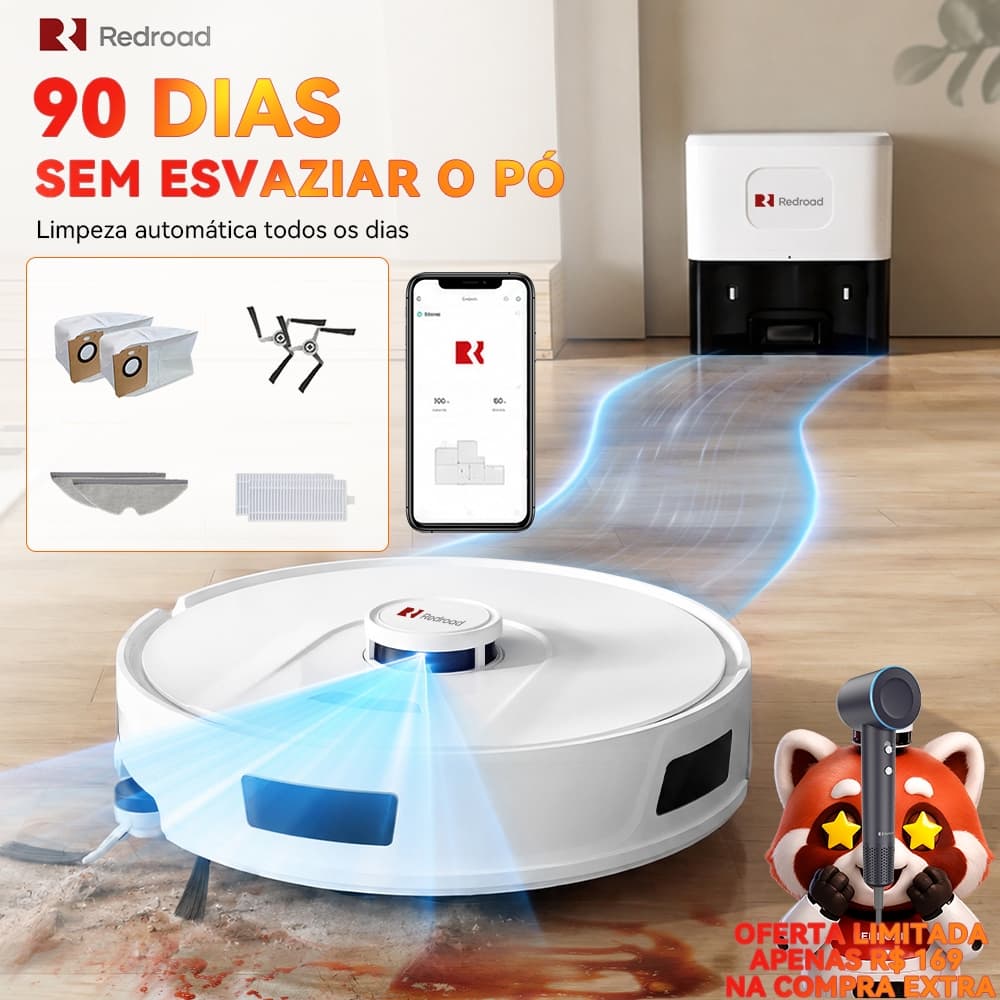 Robô Aspirador Passa Pano Redroad R11 Inteligente 20000Pa Autoesvaziável 3 em 1 App e Voz Silencioso Para Pets