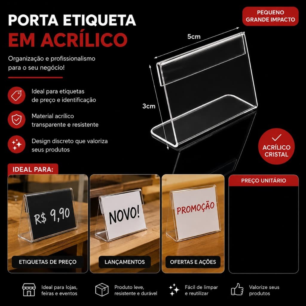Display Porta Preço Acrílico 5x3cm (Horizontal) Ideal para Expositores LUME°