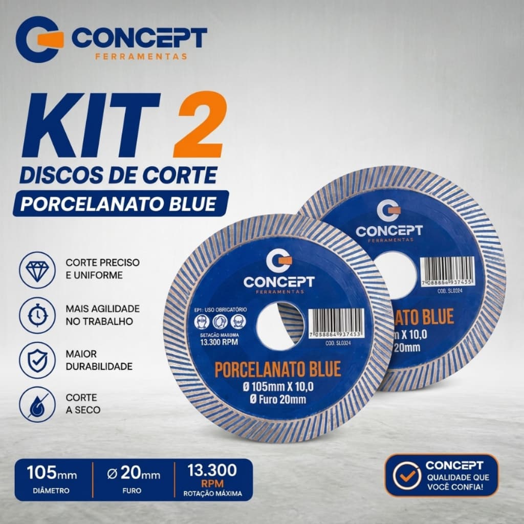 Kit 2 Disco Diamantado Corte Porcelanato 105mm 20mm Corte Seco Concept