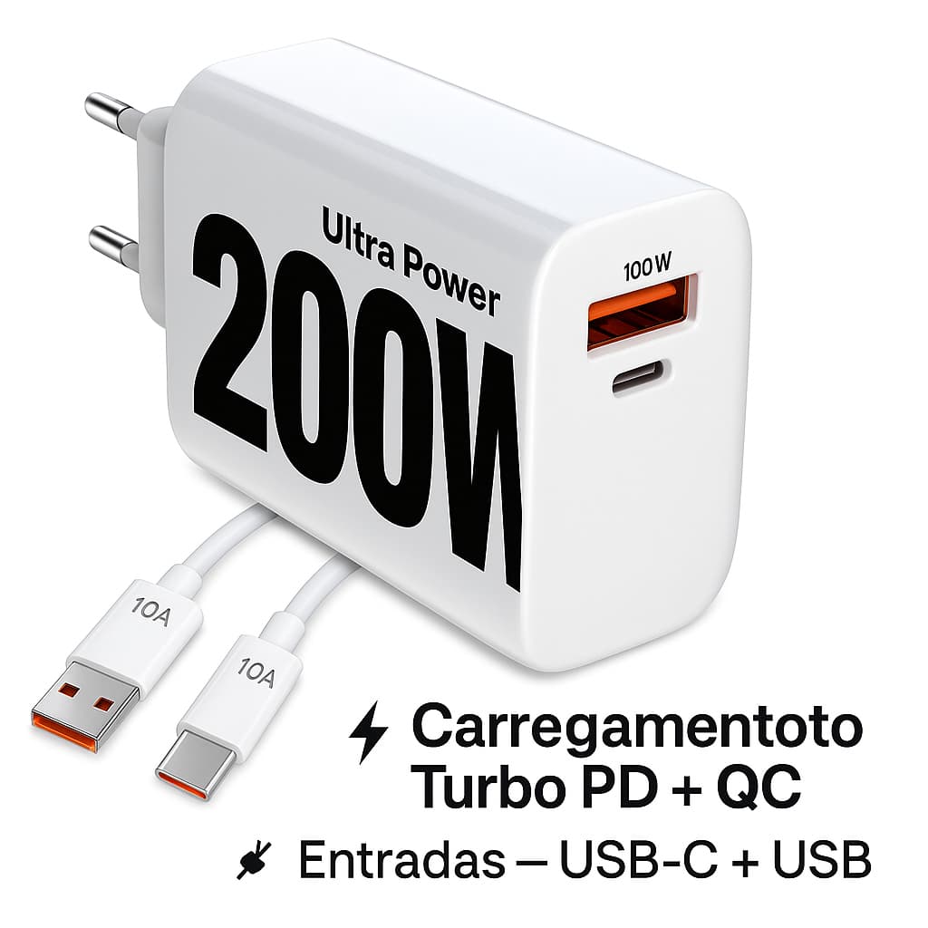 Carregador Turbo 200W USB-C + USB-A QC 3.0 Power Delivery Compatível IOS - ANDROID – Super Rápido