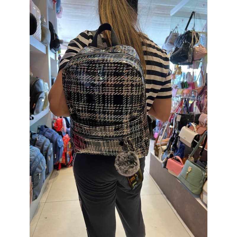 Mochila feminina holográfica xadrez-moderna espaçosa e cheio de estilo com Pompom
