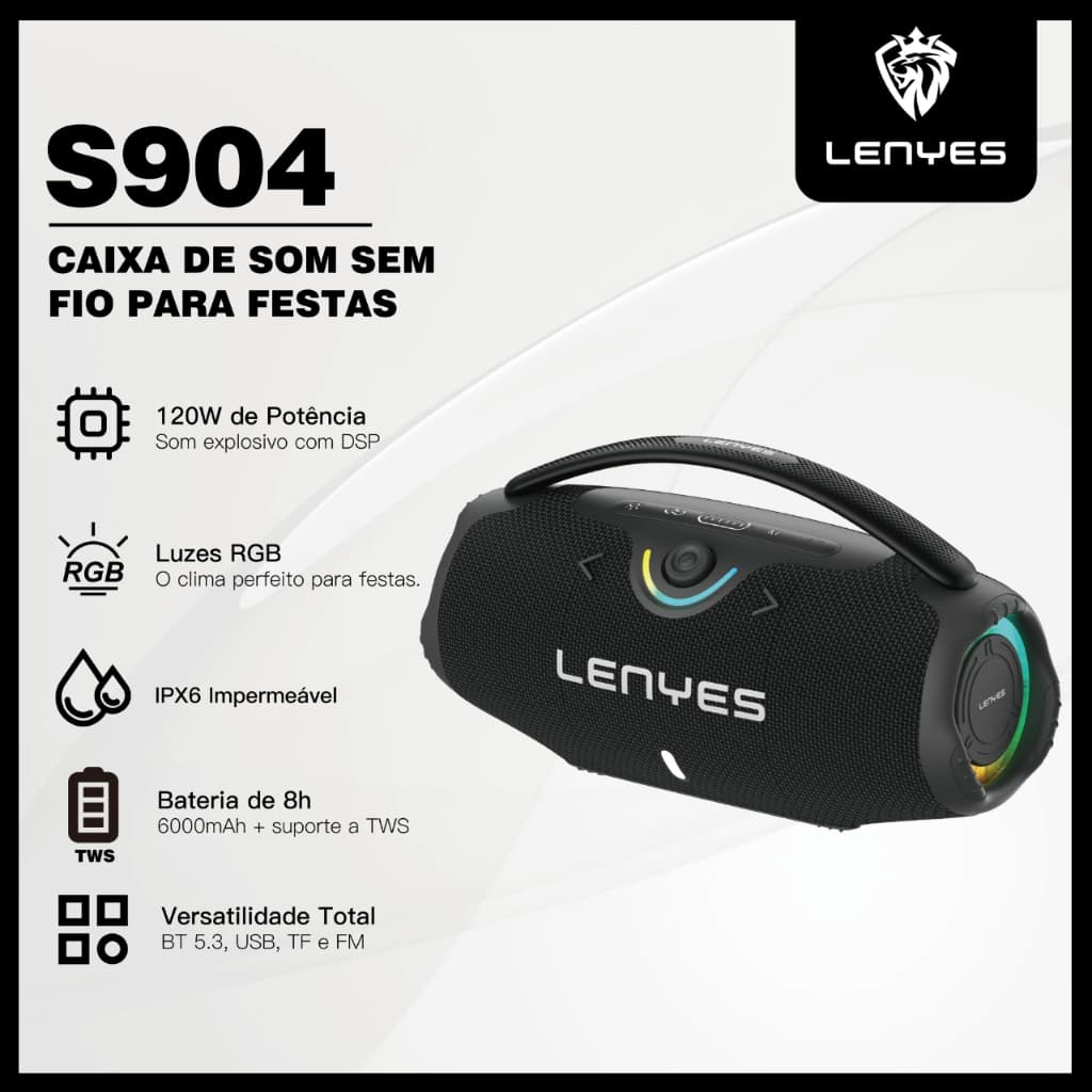 Caixa de Som Bluetooth Potente 120W IPX6 8h Bateria USB FM TWS Lenyes