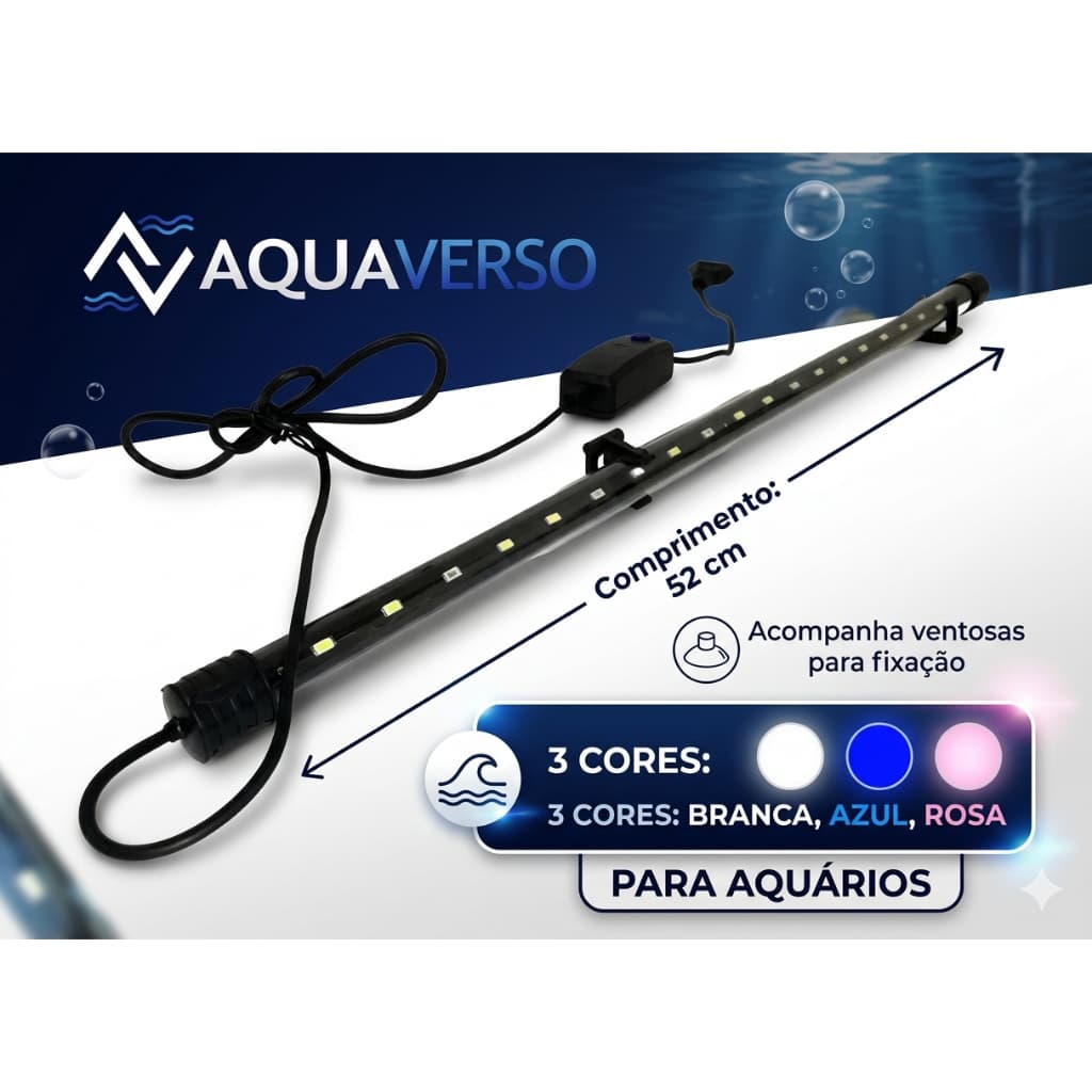 Luminária Submersa Led T4-50 AQUAVERSO Cores Branca e Azul e Rosa 50cm Para Lampada Para Iluminação de Aquários