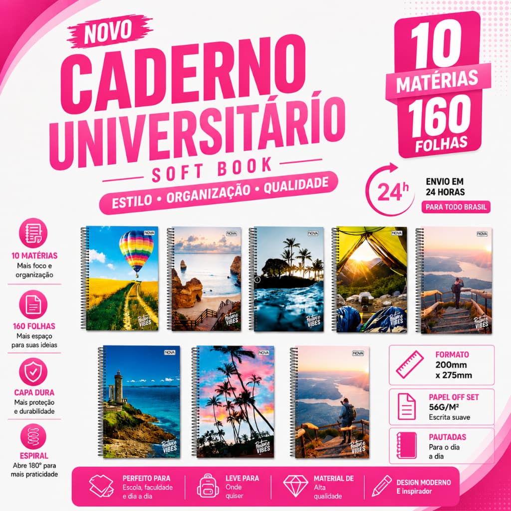 Caderno 10 Matérias 160 Folhas Capa Dura Grande Temas Natureza
