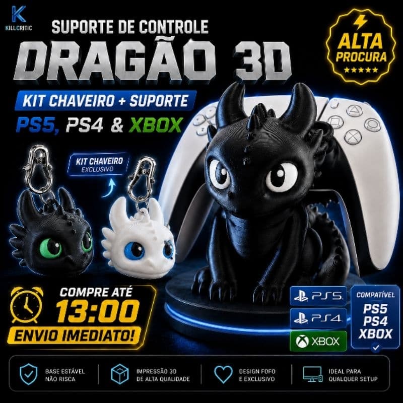 Suporte para Controle PS5 PS4 Xbox Dragão 3D + Chaveiro | Porta Controle Gamer Decoração Setup