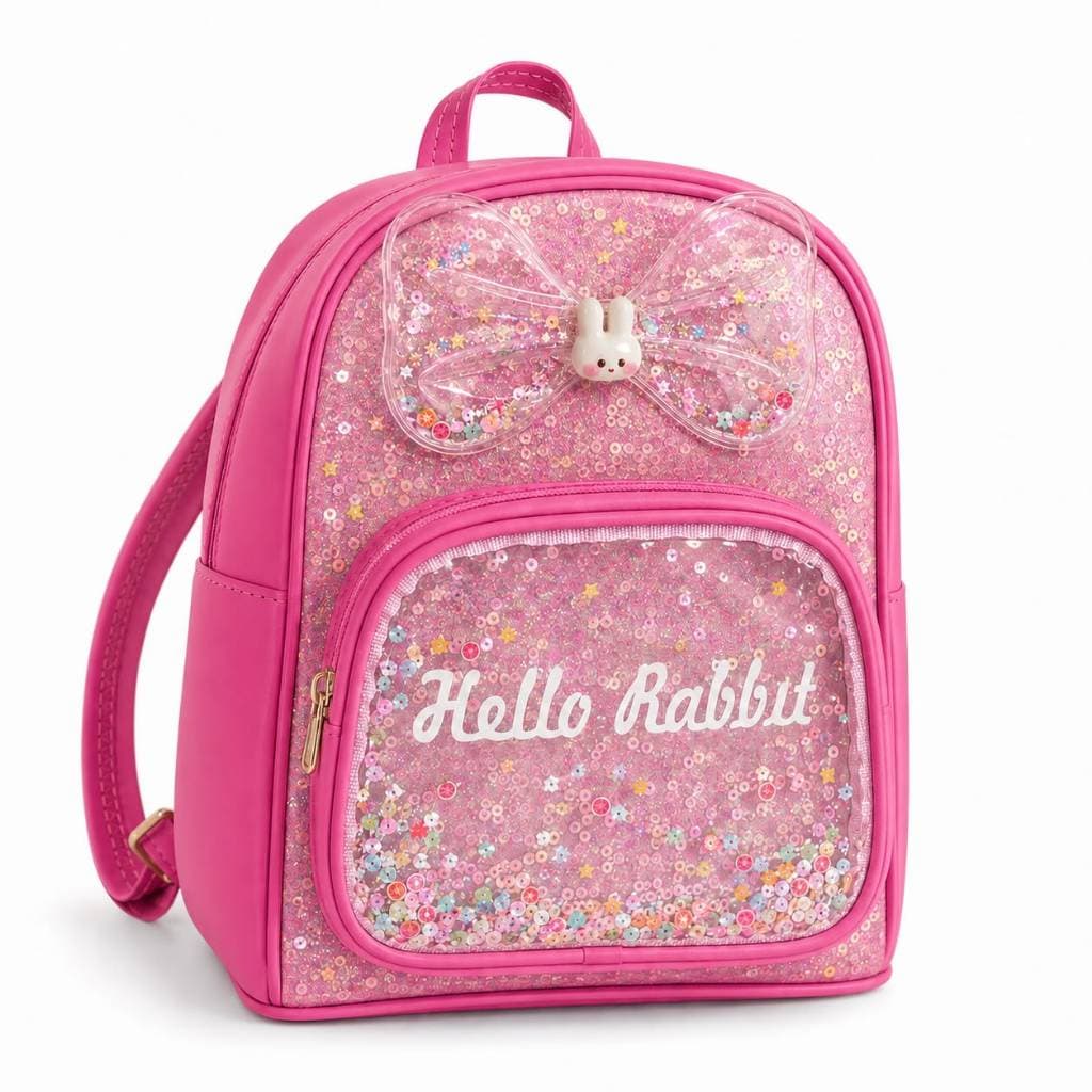 Mochila Infantil Escolar Menina com Lantejoulas Laço de Coelhinho para Creche Passeio e Presente
