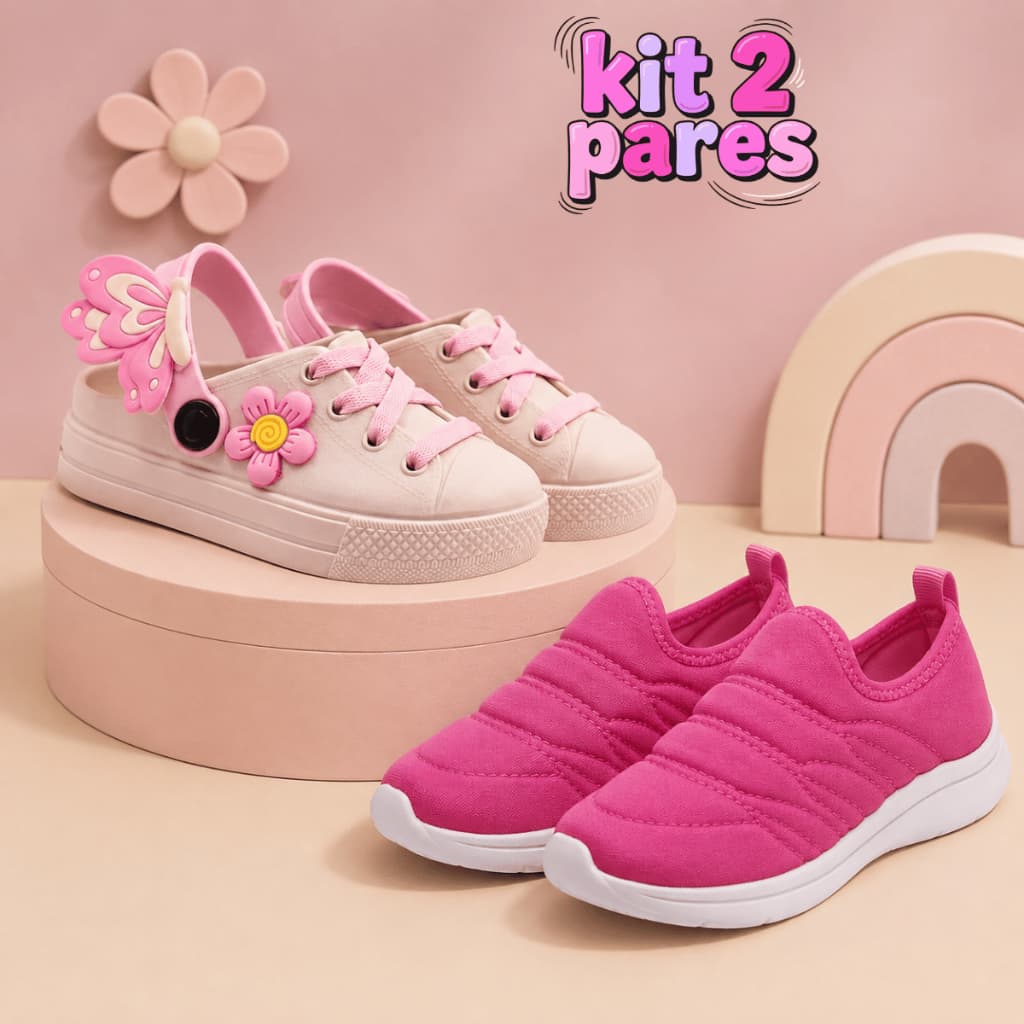 Kit 2 Pares Tênis Mais Babuche Infantil Calce Fácil Menina e Babuche Tênis Feminino Confortável Promoção
