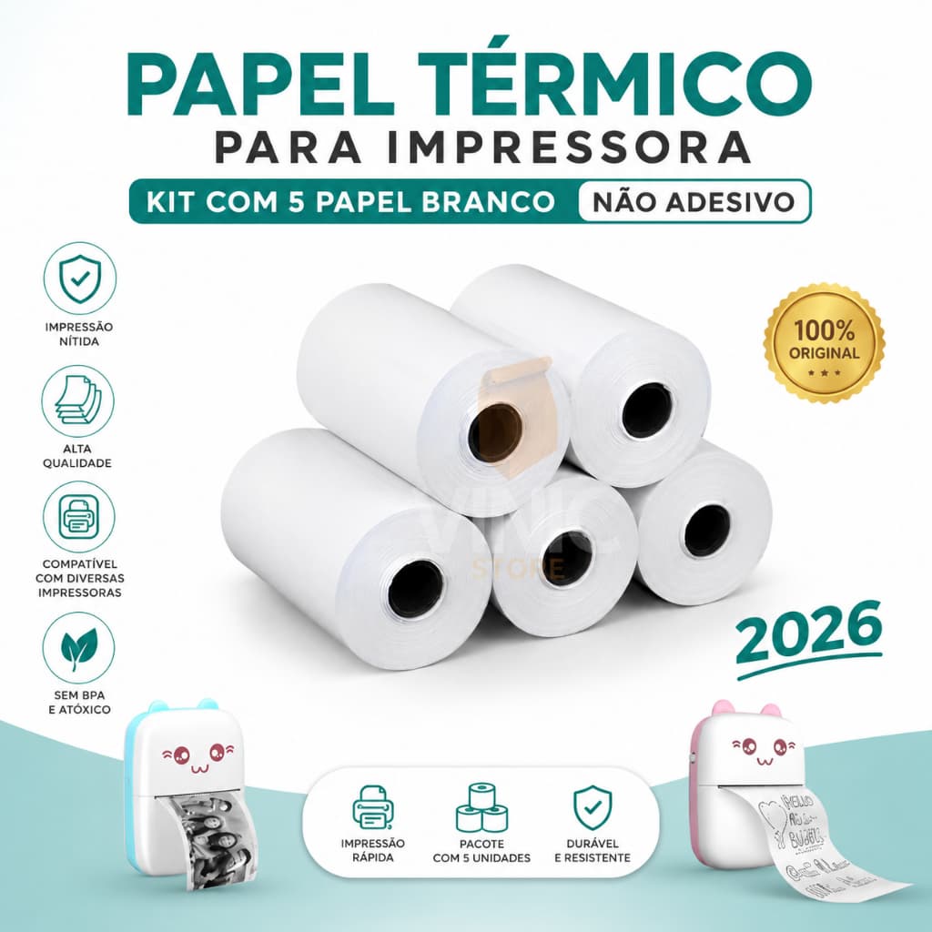 Kit 5 Bobinas Rolo De Papel Térmicas 57x30mm Para Mini Impressora Portátil Não Adesiva Branca