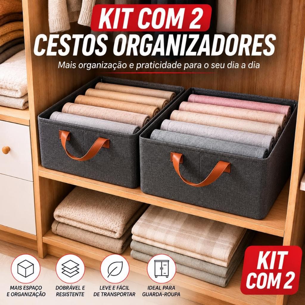 Kit Caixa Organizadora de Roupas Guarda Roupa Cesto Organizador Multiuso Dobrável para Armário