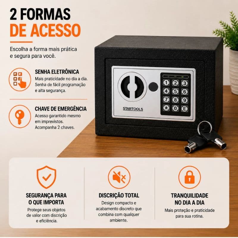 Cofre Digital Eletrônico com Teclado e Chave - Preta
