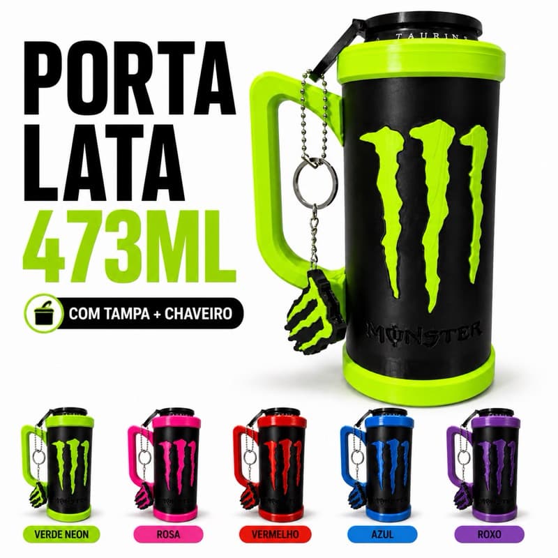 Porta Lata Monster 473ml com Tampa e Chaveiro Abridor – Kit Completo