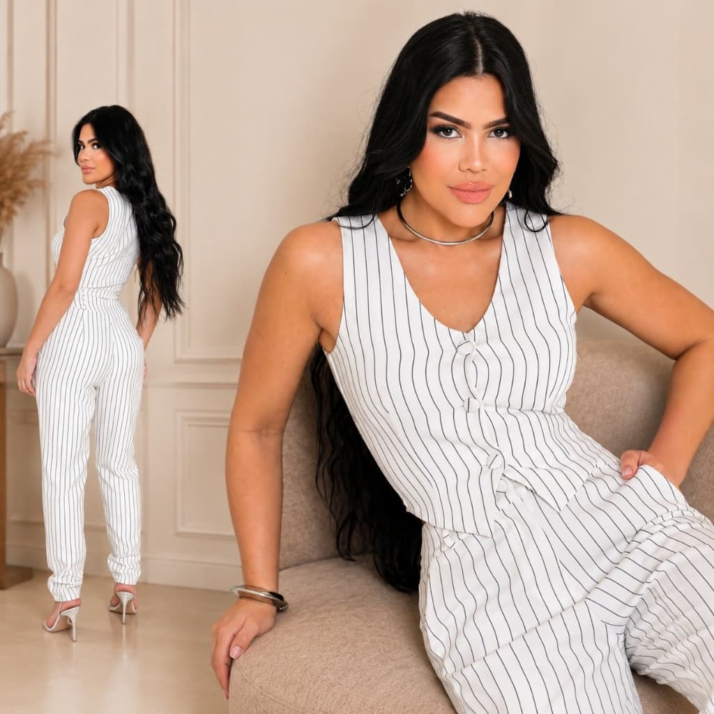 Conjunto Feminino Risca De  Giz com Colete de Botões e Calça Elegante Liquidação2026**